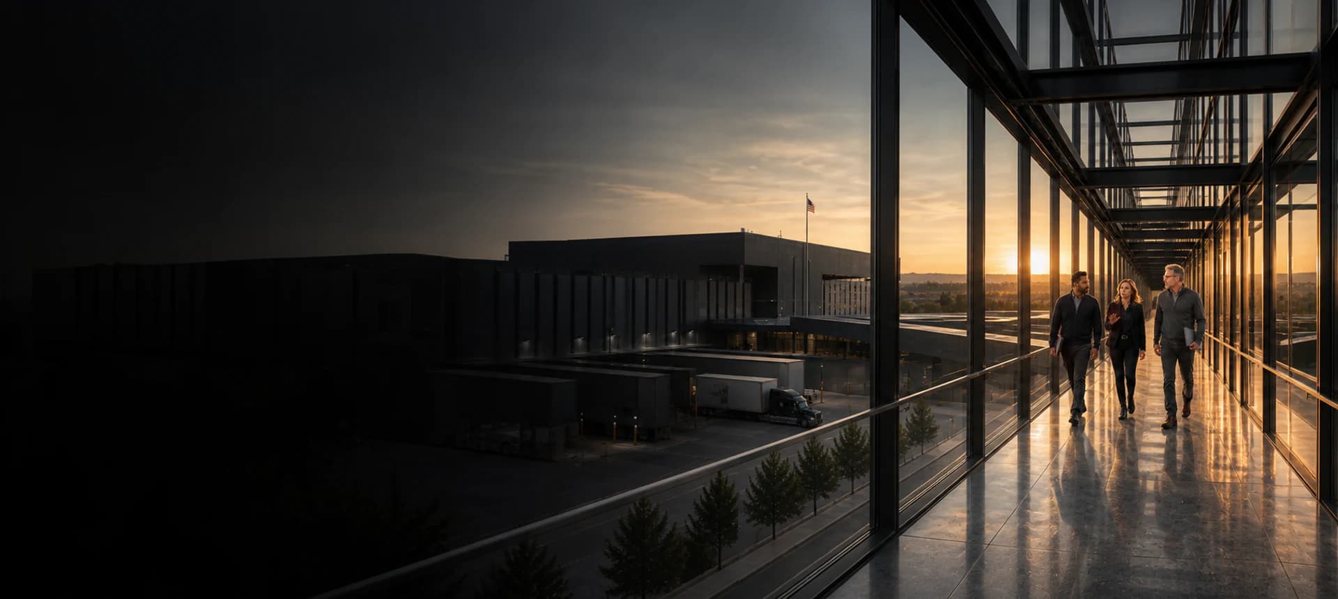 Business and technology leaders walking through a modern American operations campus