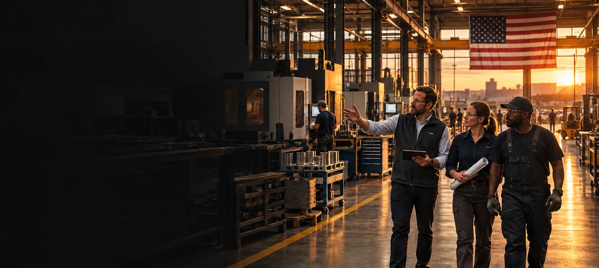Manufacturing leaders and a skilled worker walking through a modern American factory