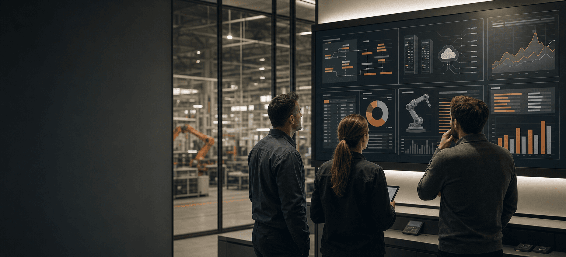 Manufacturing operations team reviewing ERP, cloud, and AI dashboards