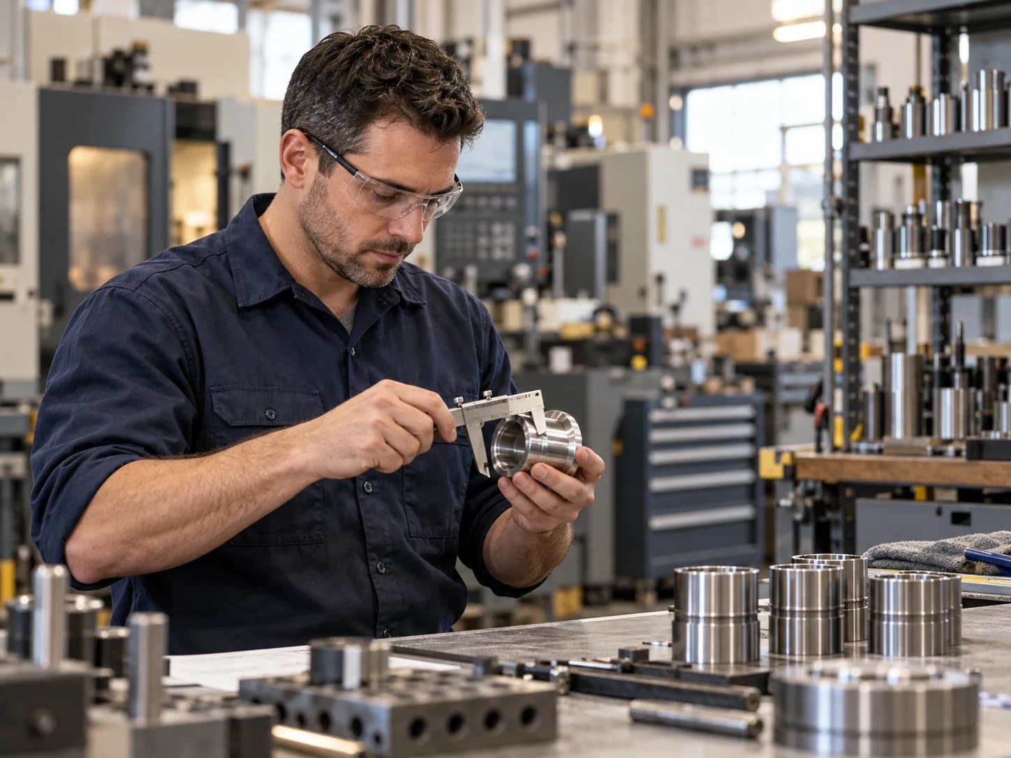 Illustration of a manufacturing technician checking a machined component with a caliper