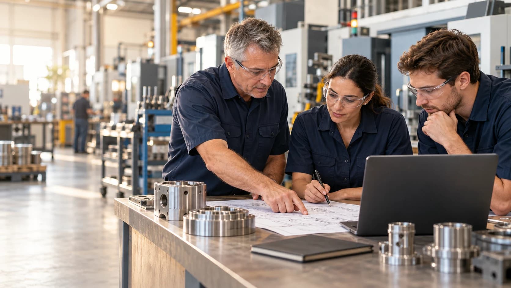 Illustration of three manufacturing colleagues reviewing a process drawing together on the factory floor