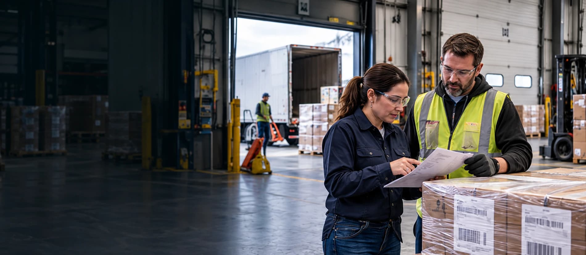 Illustrative shipping coordinator and warehouse lead checking shipment documents beside a pallet at a manufacturer's outbound dock
