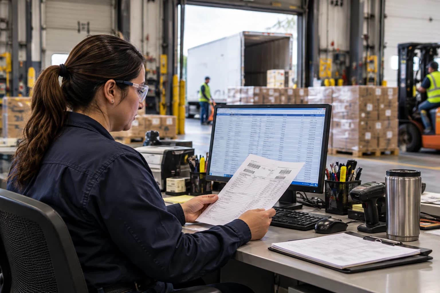 Illustrative shipping coordinator comparing a packing list and shipment records at a dispatch workstation