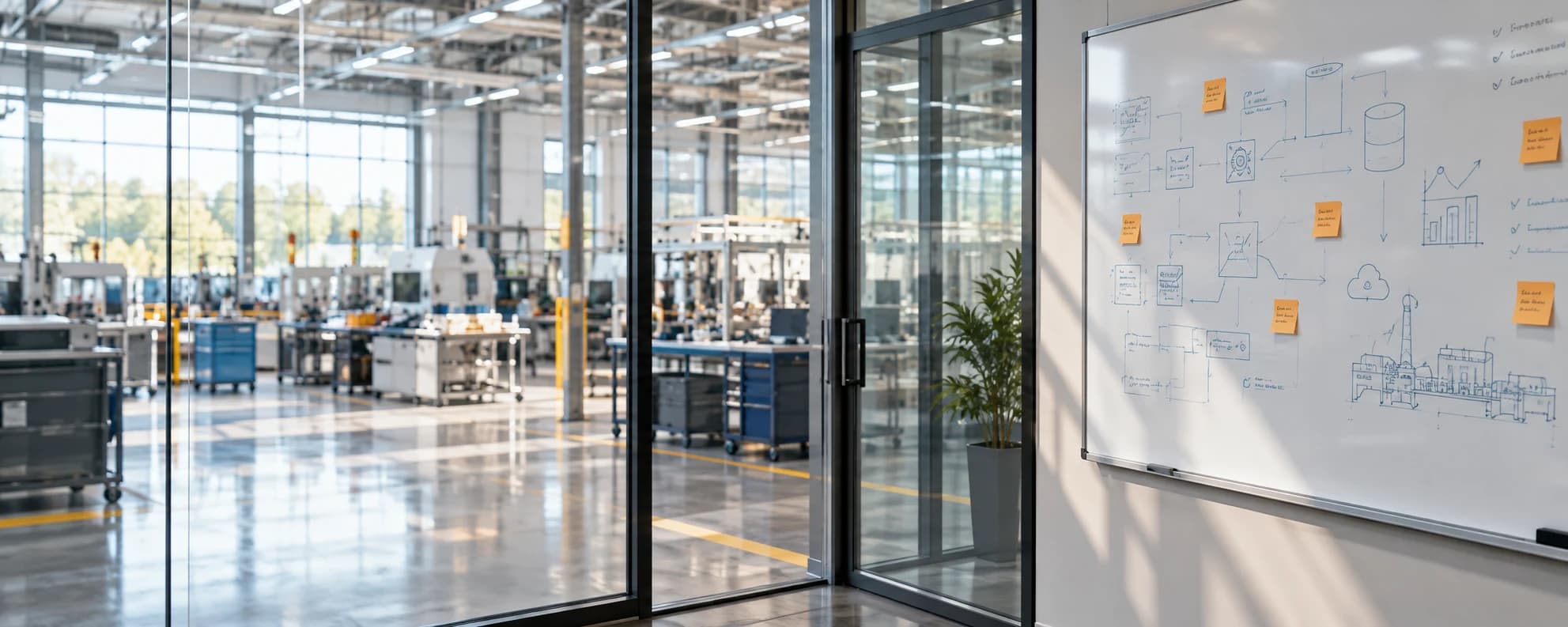 Illustrative manufacturing planning alcove with a systems whiteboard beside a factory window