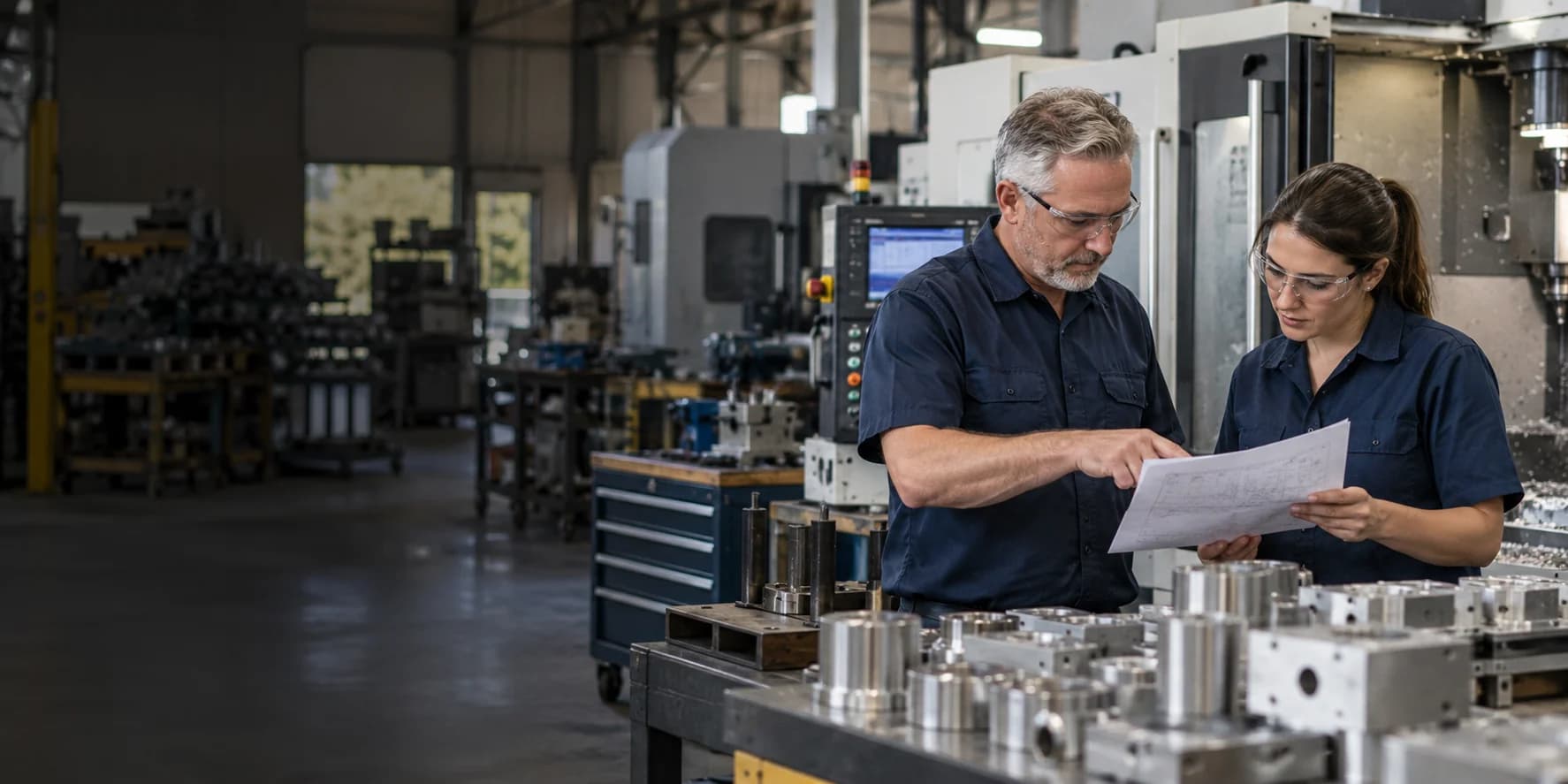 Illustrative manufacturing engineer and operator reviewing a work order beside production equipment