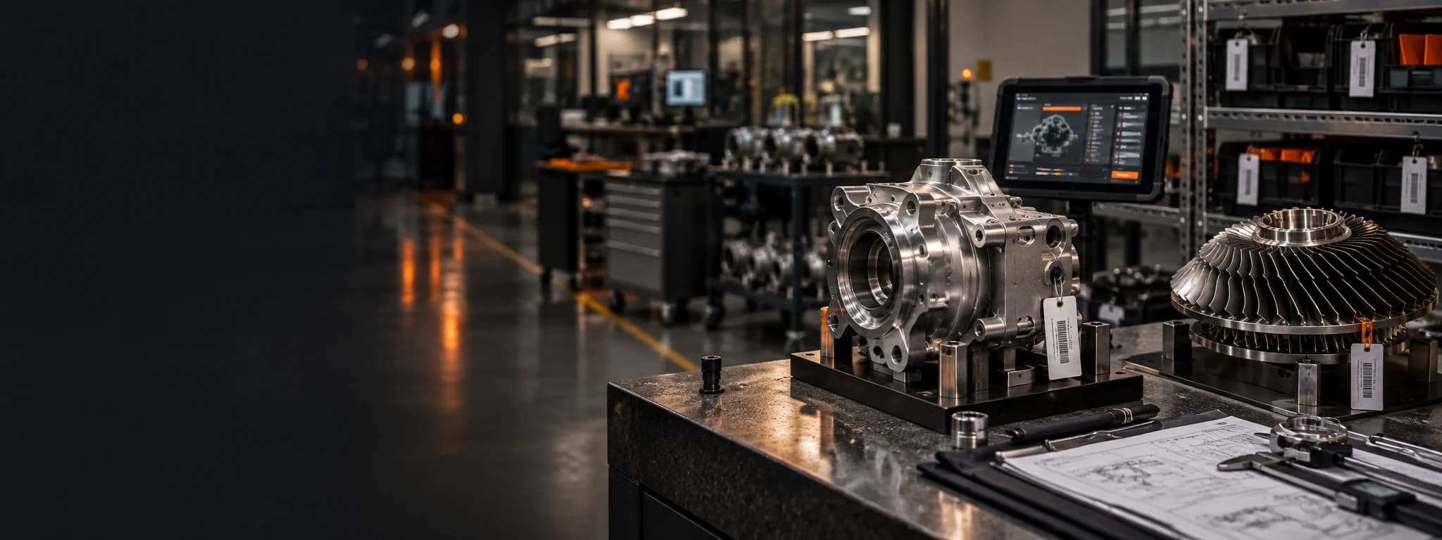 Precision aerospace components, serialized part tags, and an inspection workstation in a supplier facility