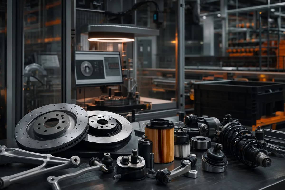 Automotive replacement parts beside automated inspection equipment