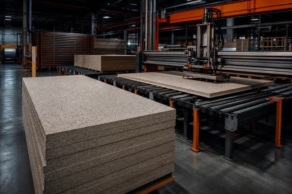 Engineered building panels moving through an automated production line