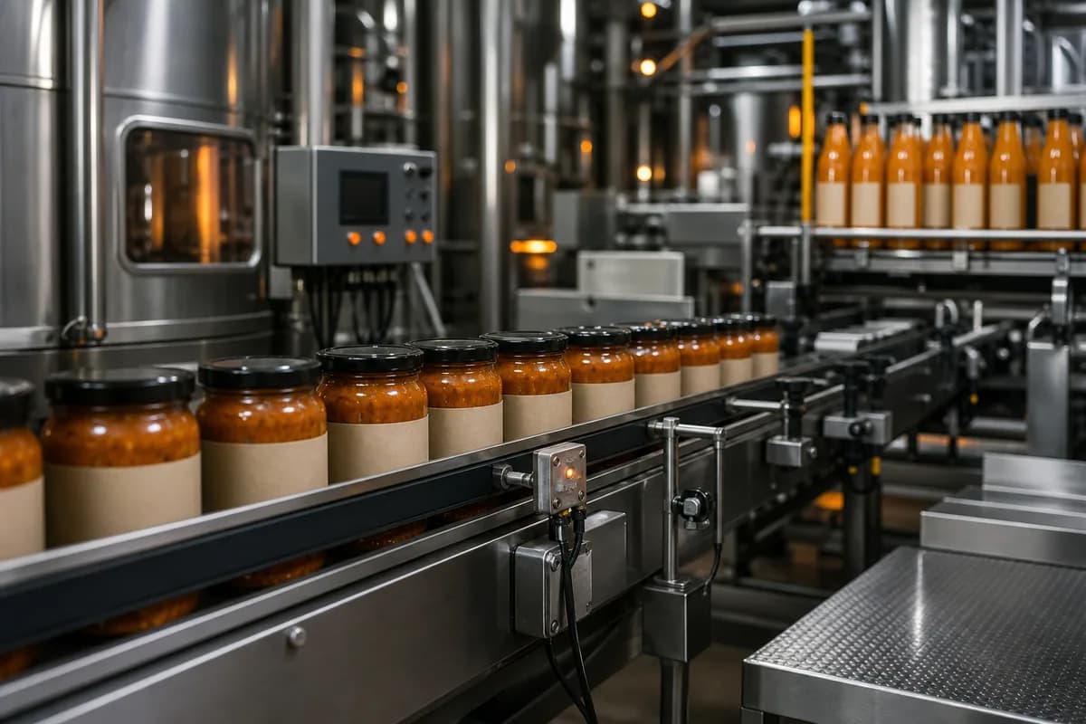 Packaged food products moving through a hygienic production line