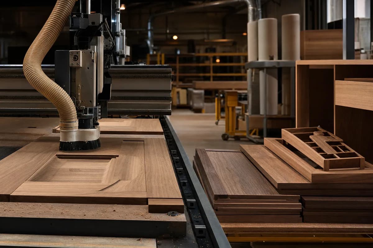 Hardwood furniture components being shaped by a CNC router