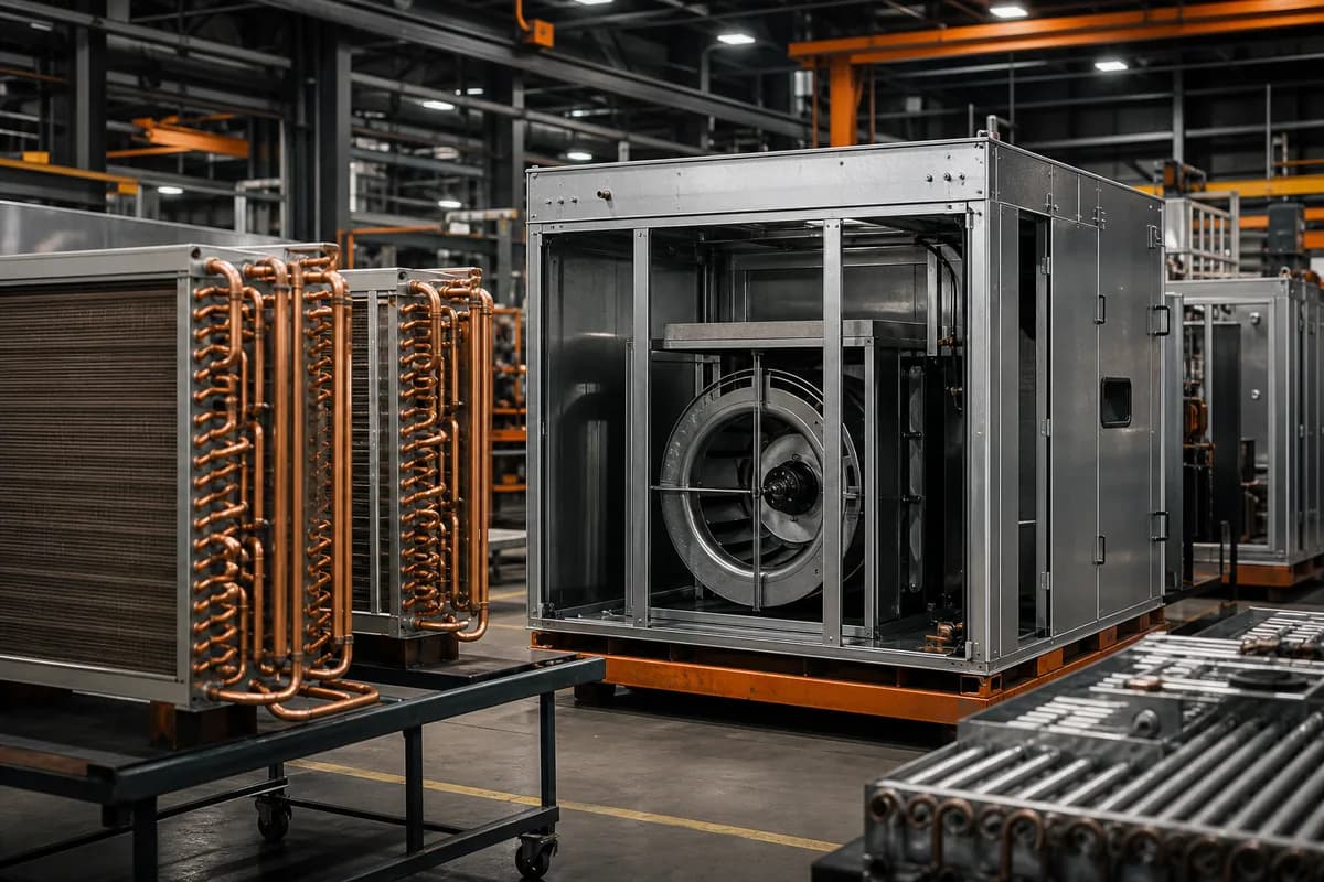 Commercial HVAC units and copper coils on an assembly floor