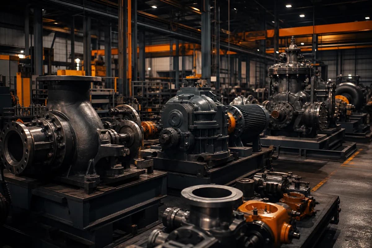 Pumps, motors, and gearboxes staged on an industrial equipment assembly floor