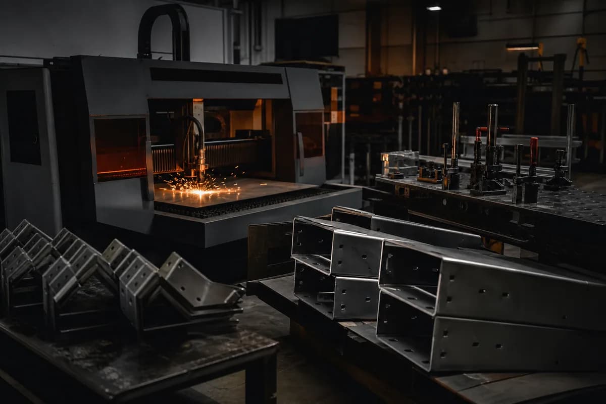Sheet-metal assemblies beside a CNC laser cutting cell