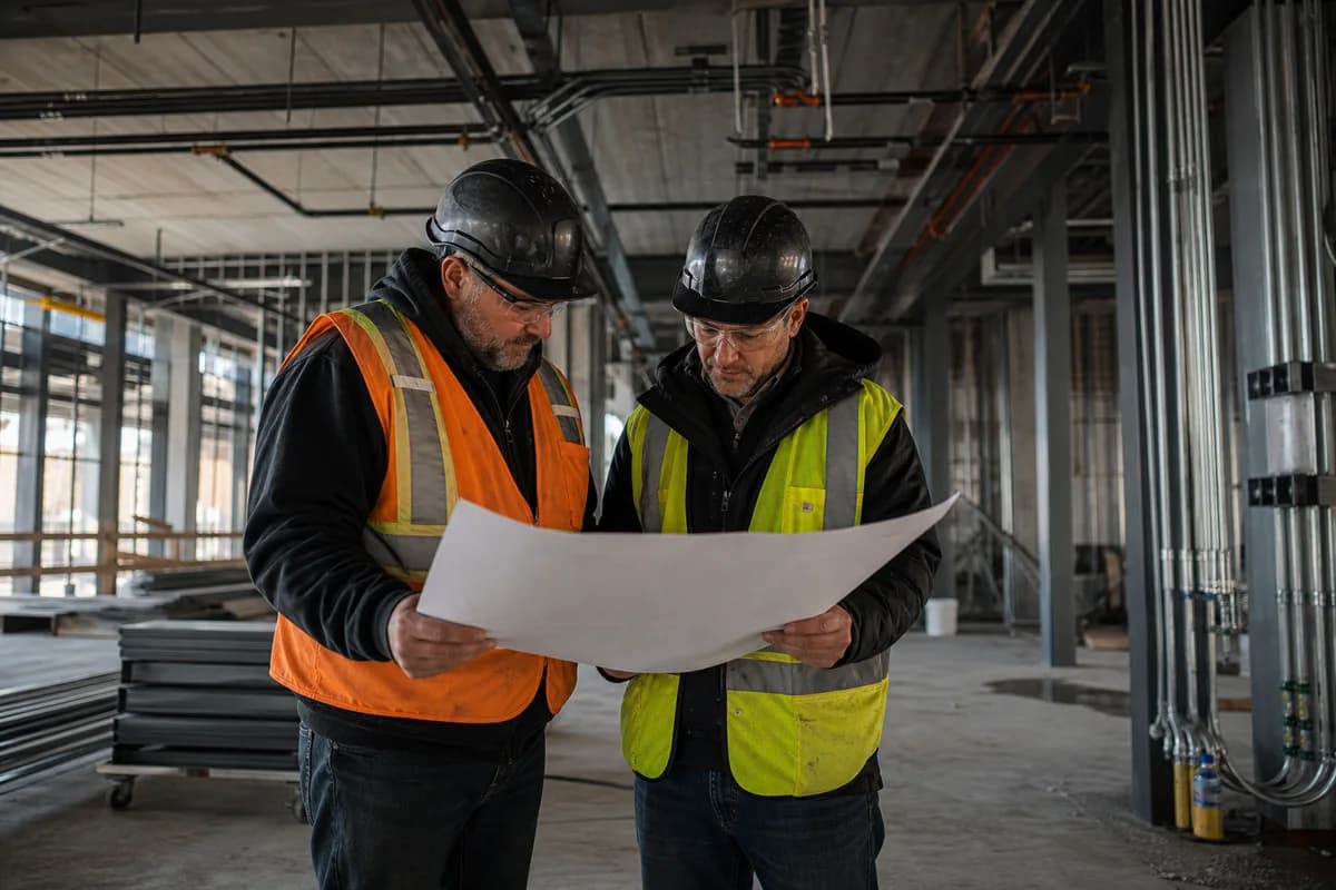 Construction professionals reviewing plans inside an active commercial project