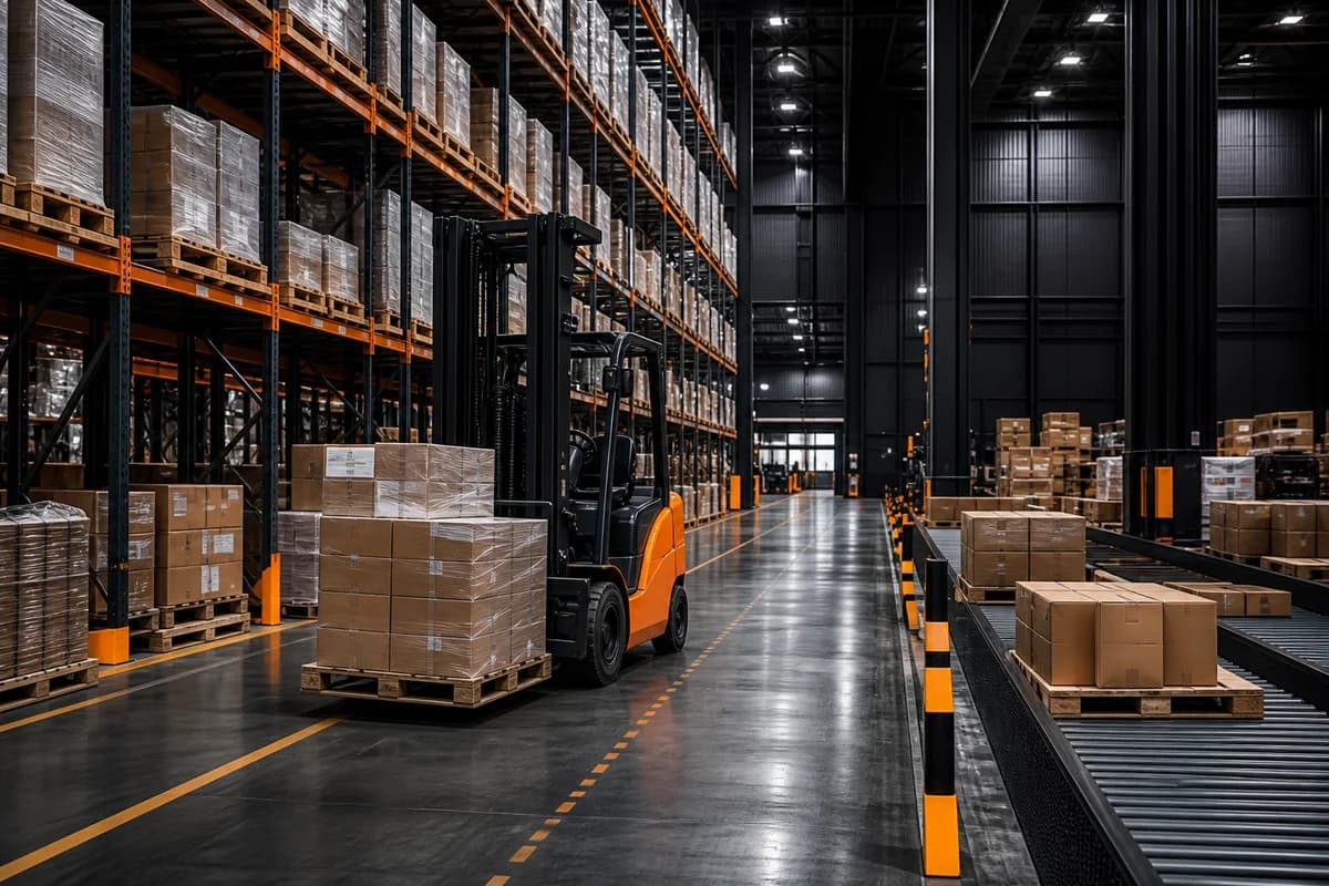 Forklift moving palletized inventory through a modern distribution center
