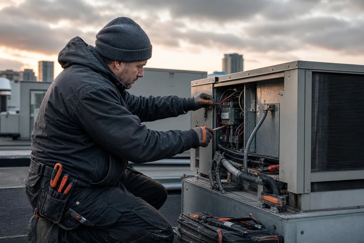 Field service technician repairing a commercial rooftop HVAC unit