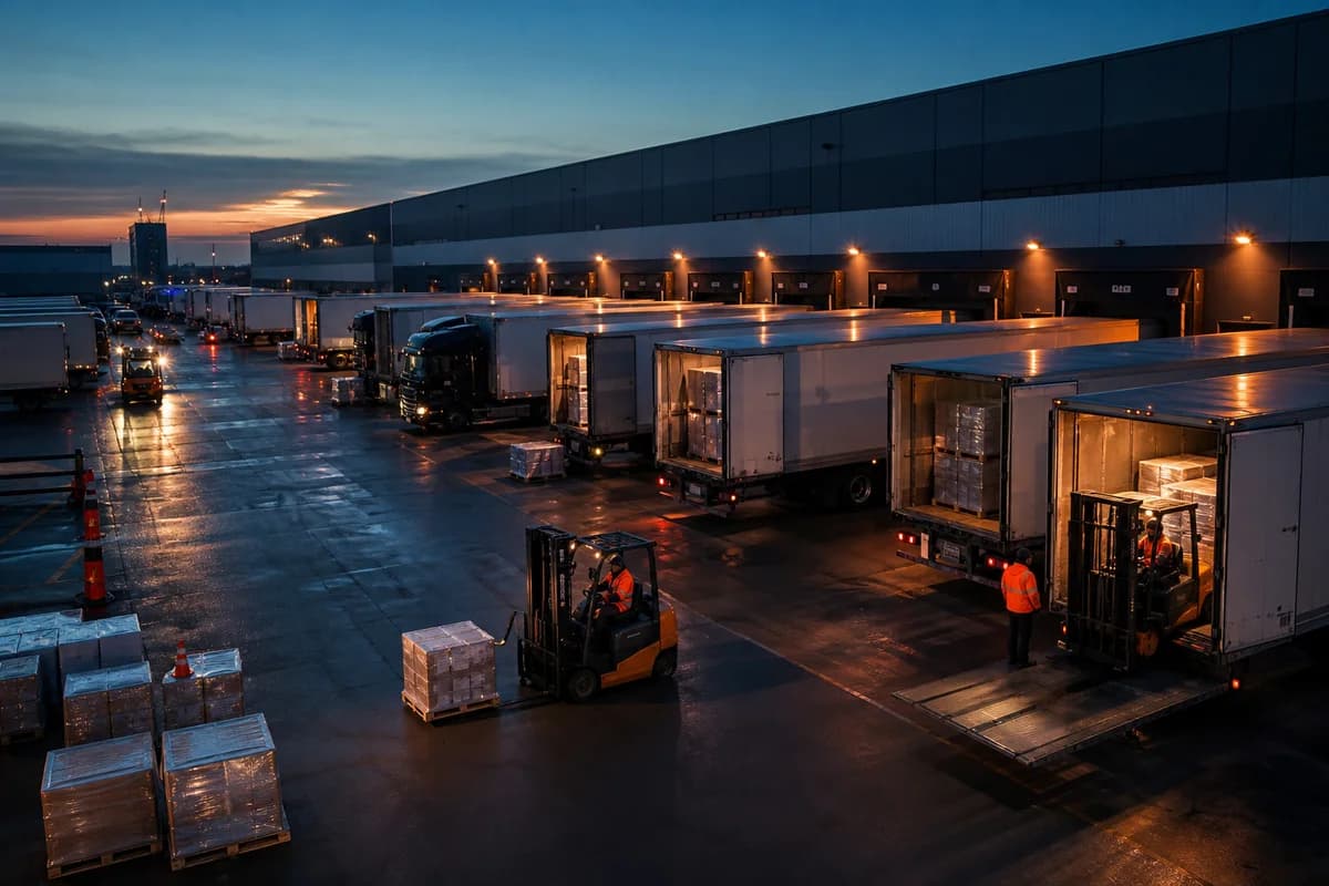 Freight trailers and forklifts moving through a cross-dock terminal at dusk