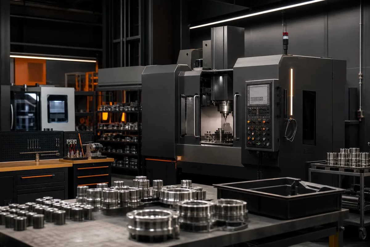 Precision components staged around a modern CNC machining cell