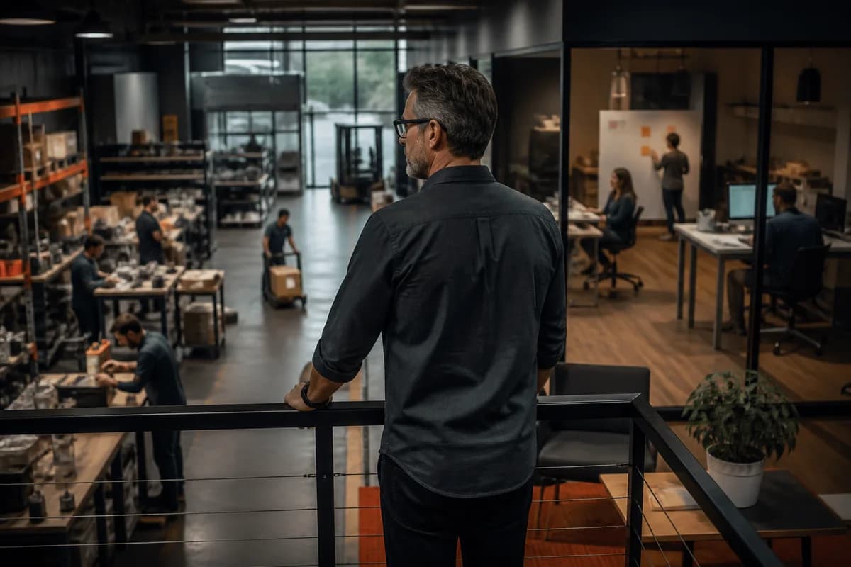 Operations leader overlooking a hybrid workshop, warehouse, and planning space