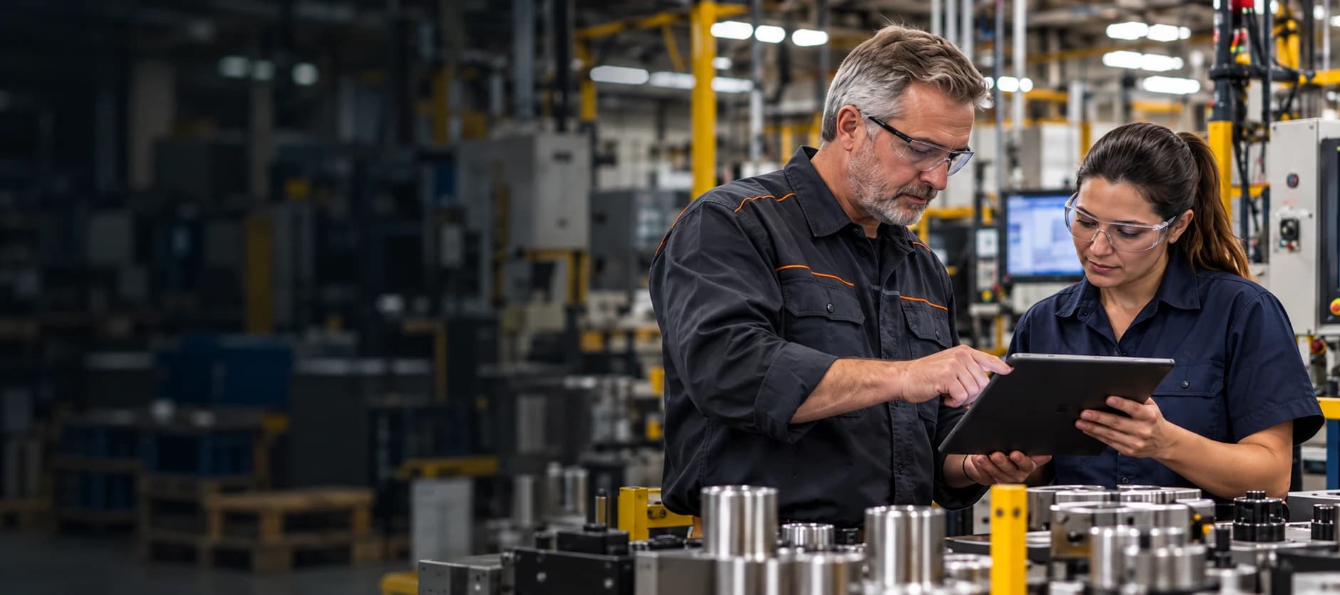 Illustrative manufacturing supervisor and engineer reviewing production information beside shop-floor equipment
