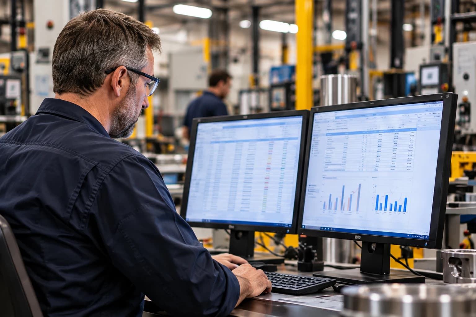 Illustrative engineer reviewing production records at a workstation on the manufacturing floor