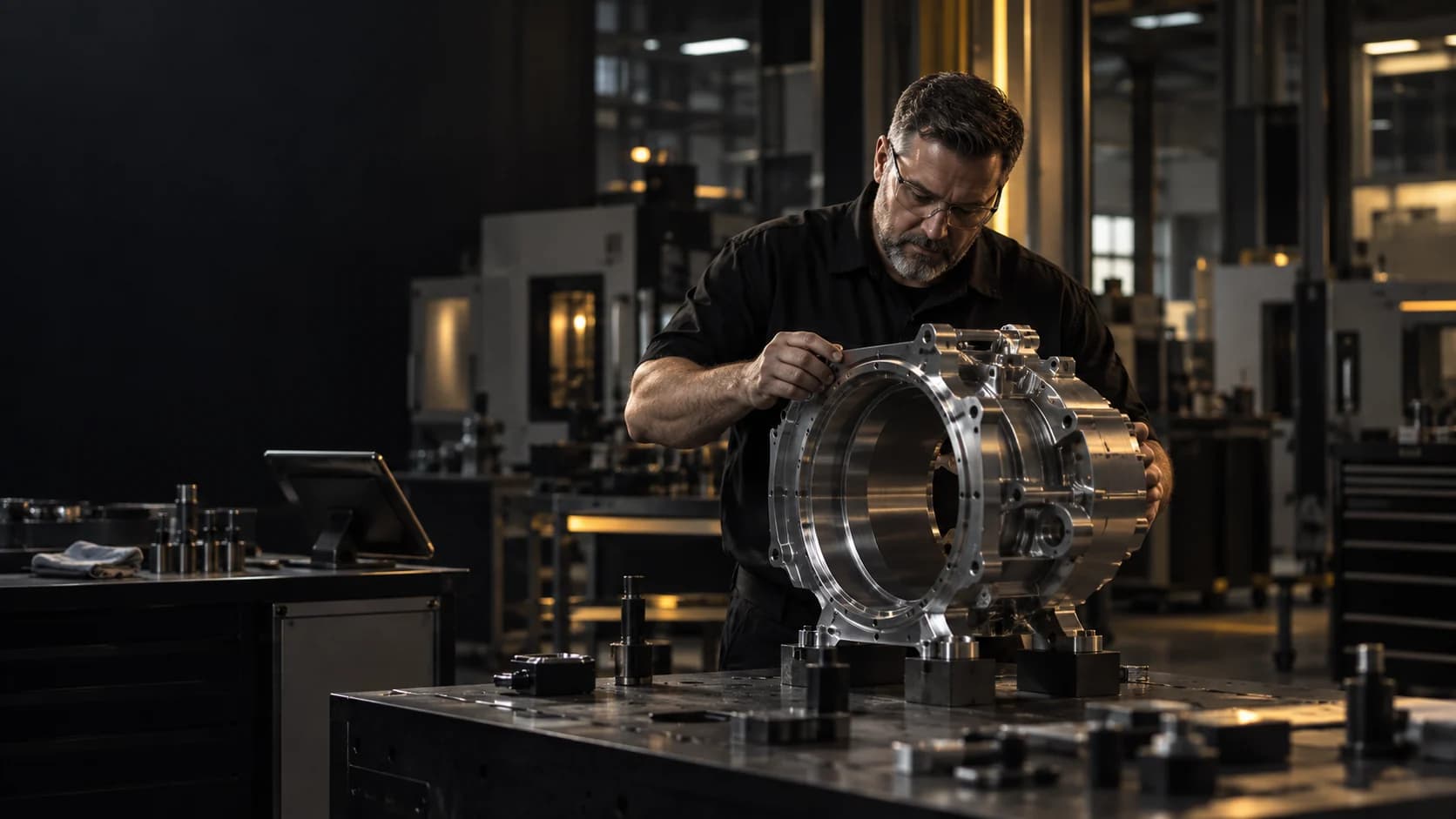 Manufacturing technician inspecting a precision-machined component