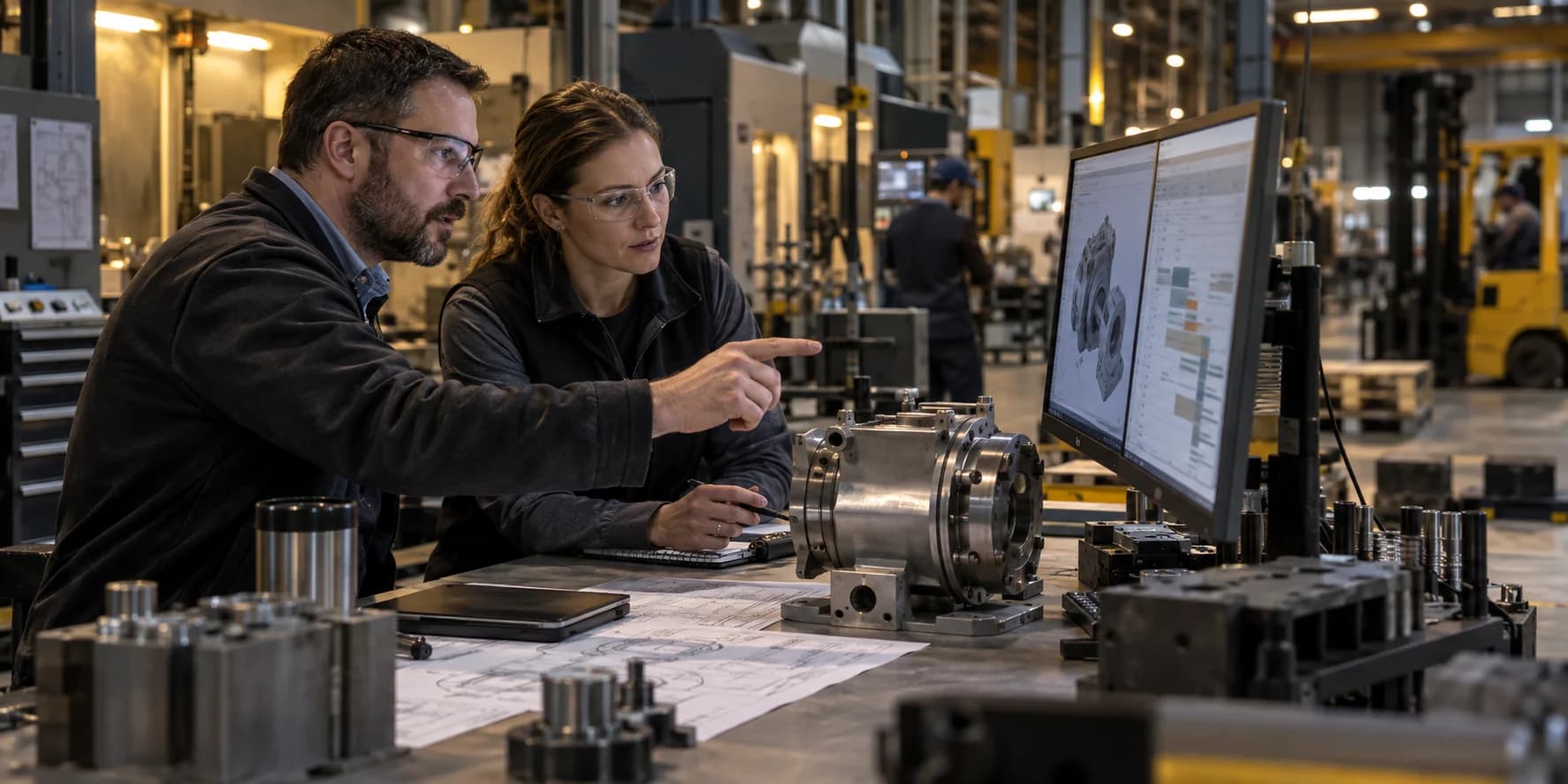 Manufacturing sales and operations leaders reviewing a configured product and production plan