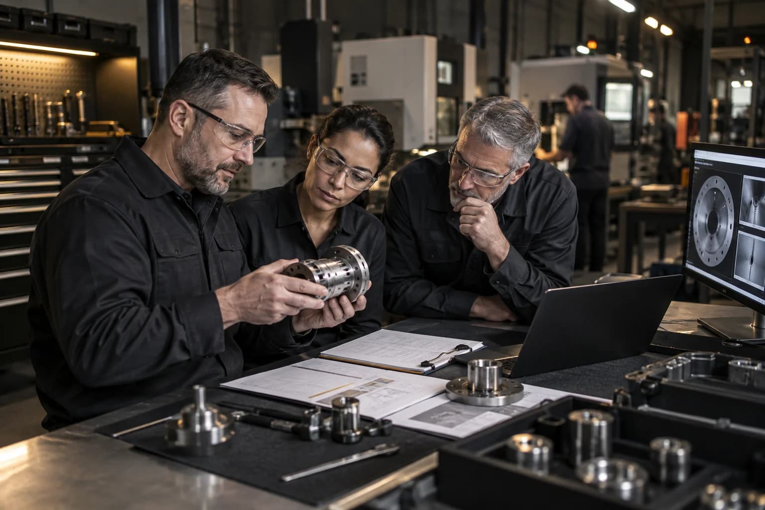Manufacturing service and quality team reviewing a precision component