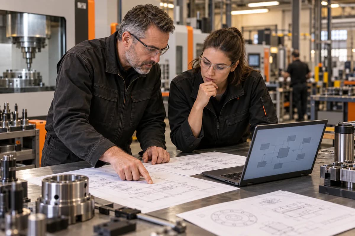 Manufacturing team reviewing an operating process and technology roadmap