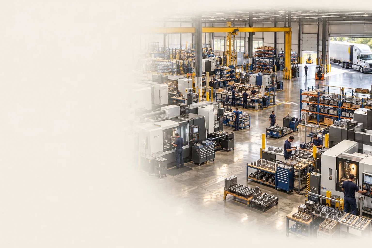 Illustration of a mid-market manufacturing plant, from production workbenches to the shipping dock