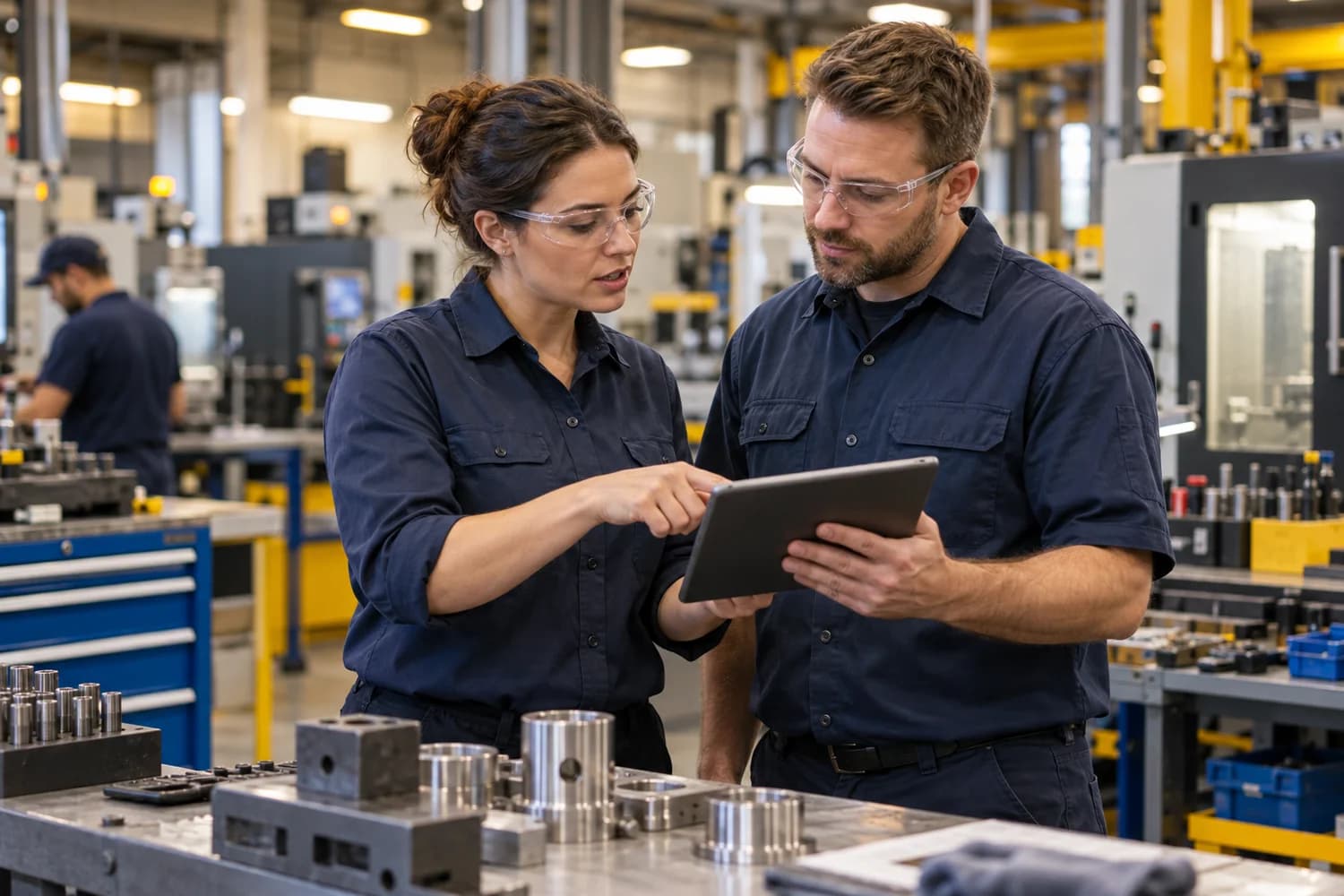 Illustrative implementation work: a manufacturing team reviewing a changed process together