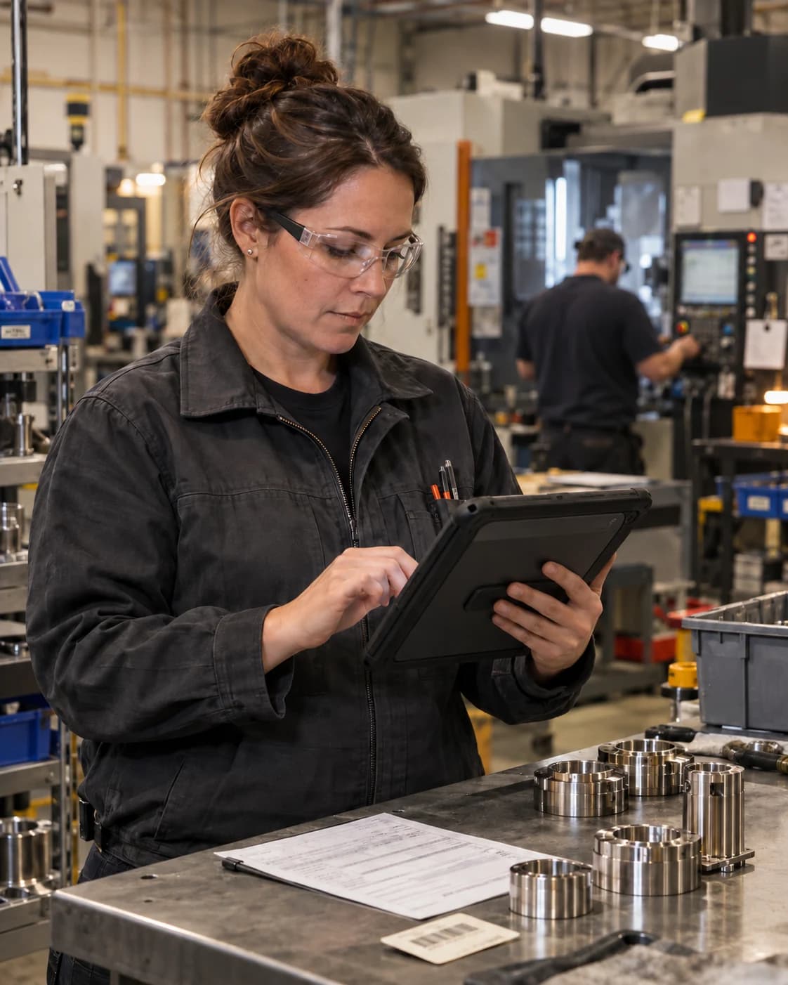 Manufacturing employee reviewing a tablet beside machined components and a production record on the factory floor