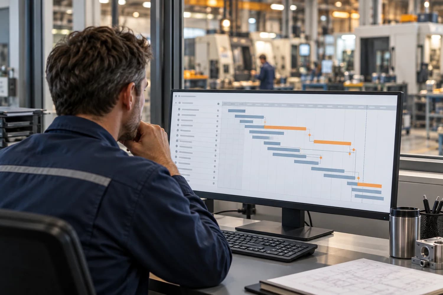 Illustrative planner reviewing production information beside the factory floor