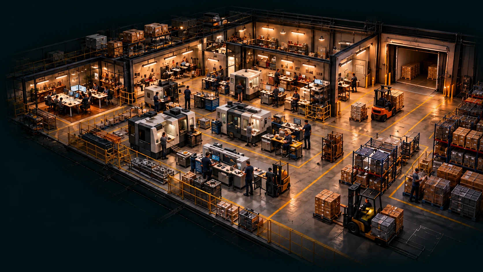 Cutaway manufacturing operation connecting planning, production, fulfillment, and delivery