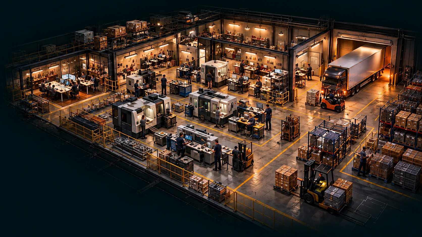 Cutaway manufacturing operation connecting planning, production, fulfillment, and delivery