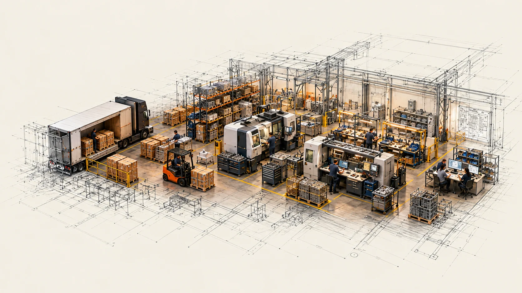 Supplier shipment, factory workstations, and planning desk emerging from an engineering blueprint