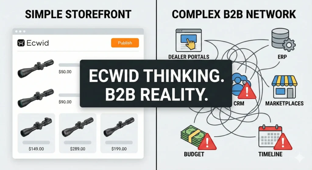 Split screen: on the left, a simple Ecwid style storefront with a few rifle scopes and a “Publish” button. On the right, a complex network of dealer portals, ERP, CRM, and marketplace icons, with warning signs over budget and timeline. Headline overlay: “Ecwid Thinking. B2B Reality.”